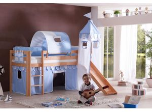 4250468563579 - Halbhohes Spielbett ALEX mit Rutsche Turm Tunnel Buche massiv natur lackiert mit Stoffset blau boy