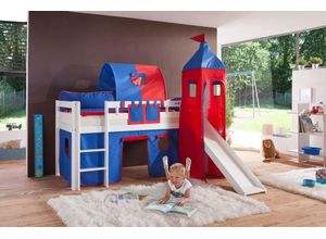 4250468563609 - Halbhohes Spielbett ALEX mit Rutsche Turm Tunnel Buche massiv weiß lackiert mit Stoffset blau rot