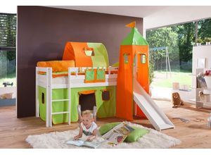 4250468563616 - Halbhohes Spielbett ALEX mit Rutsche Turm Tunnel Buche massiv weiß lackiert mit Stoffset grün orange