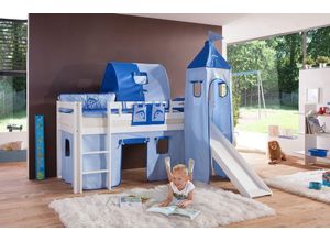 4250468563630 - Halbhohes Spielbett ALEX mit Rutsche Turm Tunnel Buche massiv weiß lackiert mit Stoffset blau delfin