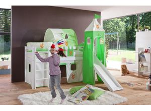 4250468563647 - Halbhohes Spielbett ALEX mit Rutsche Turm Tunnel Buche massiv weiß lackiert mit Stoffset Beige Grün