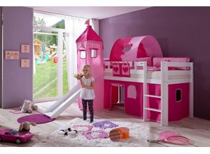 4250468563661 - Halbhohes Spielbett ALEX mit Rutsche Turm Tunnel Buche massiv weiß lackiert mit Stoffset pink herz