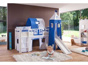 4250468563678 - Halbhohes Spielbett ALEX mit Rutsche Turm Tunnel Buche massiv weiß lackiert mit Stoffset weiß delfin