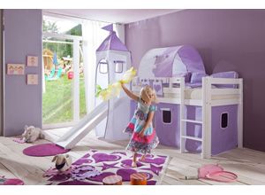 4250468563685 - Halbhohes Spielbett ALEX mit Rutsche Turm Tunnel Buche massiv weiß lackiert mit Stoffset purple weiß