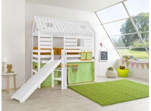 4250468566037 - Spielbett Tom´s Hütte und Bett Eliyas mit Rutsche und Textilset Buche massiv weiß lackiert