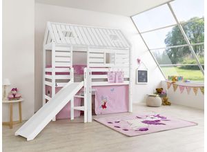 4250468566075 - Spielbett Tom´s Hütte und Bett Eliyas mit Rutsche und Textilset Buche massiv weiß lackiert