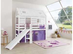 4250468566082 - Spielbett Tom´s Hütte und Bett Eliyas mit Rutsche und Textilset Buche massiv weiß lackiert