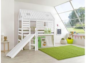 4250468566099 - Spielbett Tom´s Hütte und Bett Eliyas mit Rutsche und Textilset Buche massiv weiß lackiert