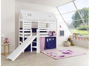 4250468566105 - Spielbett Tom´s Hütte und Bett Eliyas mit Rutsche und Textilset Buche massiv weiß lackiert