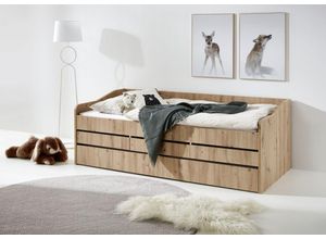 4250468583355 - - Funktionsbett Jill 90x200 ohne Lattenrost 3 Schubladen u Bettschublade Spanplatte Eiche Artisan Dekor