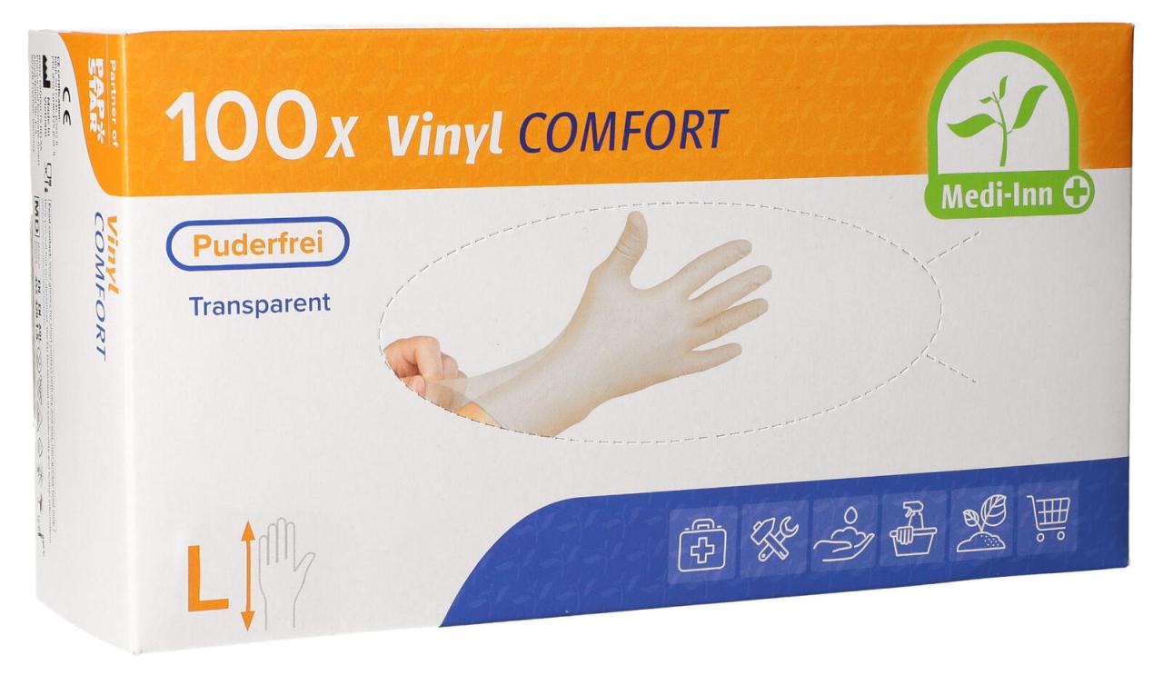 4250478408716 - Einmalhandschuhe Medi-Inn Comfort Vinyl puderfrei latexfrei transparent Größe L 100 Stück