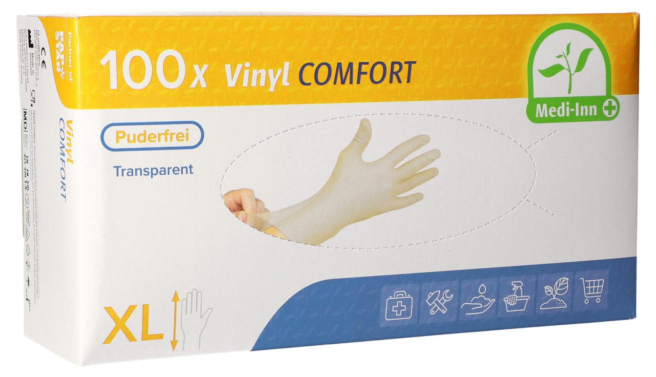 4250478408761 - Einmalhandschuhe Medi-Inn Comfort Vinyl puderfrei latexfrei transparent Größe XL 100 Stück