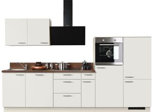 4250517306300 - Küchenzeile KOCHSTATION KS-Scafa vormontiert mit höhenverstellbaren Füßen beige (küche magnolie korpus magnoliafarben arbeitsplatte nussbaum nachbildung) B320cm T60cm Komplettküchen-Sets vormontiert wahlweise mit E-Geräten mit Soft-Close Breite 320 cm
