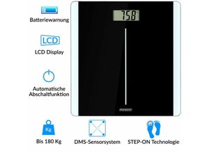 4250525359183 - Personenwaage Digital Körper Waage 180kg schwarz hochpräzises DMS-Sensorsystem lcd Display gehärtetes Sicherheitsglas Automatische Abschaltfunktion