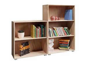 4250525363357 - 2er Set Bücherregal Vela 3+2 Fächer höhenverstellbare Böden Holz Bücher Ordner Wohnzimmer Arbeitszimmer Büro Standregal Ordnerregal Regal Eiche