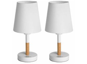 4250525374988 - Monzana - Nachttischlampe 2er Set Tischleuchte Design Tischlampe Weiß Stoffschirm Holzoptik Höhe 32cm Leselampe Leuchte