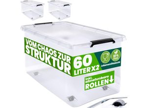 4250525392661 - Aufbewahrungsbox transparent Stapelbox Ordnungsbox 30L 60L Deckel aufklappbar stapelbar Rollen bpa frei lebensmittelecht Box 2x 60L - Deuba