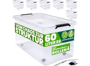 4250525399363 - Aufbewahrungsbox transparent Stapelbox Ordnungsbox 30L 60L Deckel aufklappbar stapelbar Rollen bpa frei lebensmittelecht Box 6x 60L - Deuba