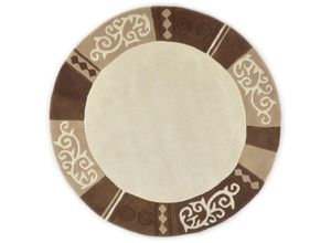 4250617424843 - Wollteppich THEKO Ambadi Teppiche Gr Ø 150 cm 14 mm 1 St beige Schurwollteppiche reine Schurwolle handgetuftet mit Bordüre modern