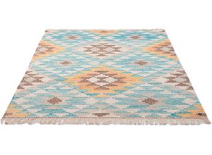 4250617475296 - Teppich TOM TAILOR HOME Check Kelim Teppiche Gr B L 65 cm x 135 cm 5 mm 1 St bunt (türkis pastel) Fransenteppich Gewebte Teppiche handgewebt mit Fransen Boho-Style