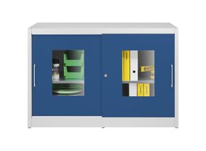 4250633323632 - Schiebetürenschrank mit Sichtfenstertüren 4 verz Fachböden1 Mitteltrennwand BxTxH 1500x600x1015 mm RAL7035 lichtgrau RAL5010 enzianblau