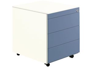 4250633397992 - mauser Schubladencontainer mit Rollen HxT 570 x 600 mm Stahlplatte 3 Schubladen reinweiß   taubenblau   reinweiß