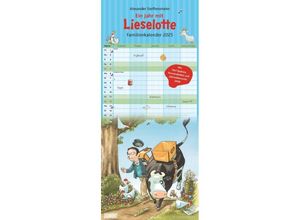 4250809653655 - DUMONT - Kuh Lieselotte 2025 Familienkalender 22x495cm Planer mit 5 Spalten für die ganze Familie Jahresübersicht 2026 und Schulferientabelle deu