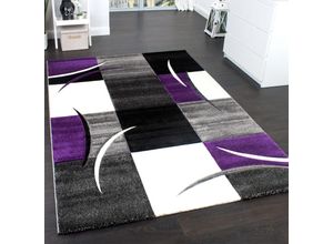 4250857532124 - Designer Teppich Mit Konturenschnitt Trend Teppich Modern Kariert Lila Schwarz Grau 80x150 cm - Paco Home