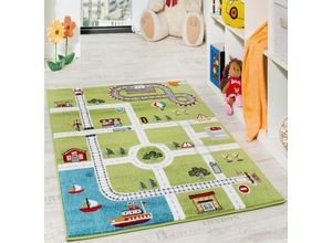 4250857540662 - Kinderteppich Spielteppich Straßenteppich Stadt Straße Grau Grün 80x150 cm - Paco Home