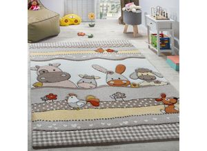 4250857559497 - Kinderteppich Kinderzimmer Lustige Bauernhof Tiere Konturenschnitt Beige Grau 120x170 cm - Paco Home