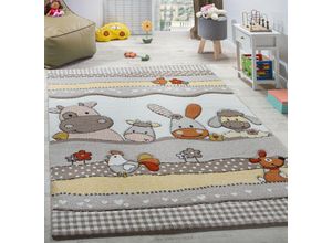 4250857559534 - Kinderteppich Kinderzimmer Lustige Bauernhof Tiere Konturenschnitt Beige Grau ø 120 cm Rund - Paco Home