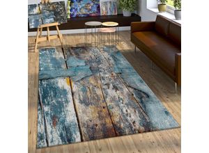 4250857559633 - Designer Teppich Bunte Holz Optik Hoch Tief Optik In Türkis Gelb Blau Meliert 120x170 cm - Paco Home