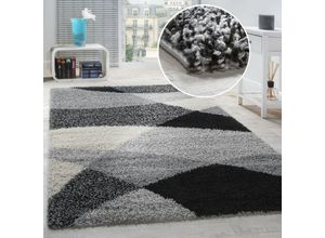 4250857566662 - Paco Home Shaggy Teppich Hochflor Langflor Weich Geometrisch Gemustert Grau Schwarz 140x200 cm