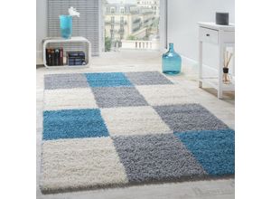 4250857567089 - Paco Home Shaggy Hochflor Teppich Wohnzimmer Kariertes Design Türkis Grau Weiß 160x220 cm