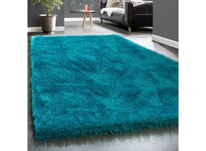 4250857570324 - Edler Teppich Shaggy Hochflor Einfarbig Flauschig Glänzend In Türkis 60x100 cm - Paco Home