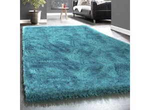 4250857570355 - Hochflor-Teppich Touch 100 Teppiche Gr B L 160 cm x 230 cm 49 mm 1 St blau (türkis) Esszimmerteppiche weicher Uni Shaggy mit Glanz Garn Wohnzimmer