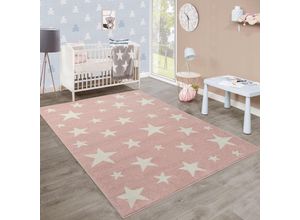 4250857586356 - Moderner Kurzflor Kinderteppich Sternendesign Kinderzimmer Pastell Rosa Weiß 120x170 cm - Paco Home