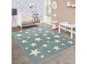 4250857586462 - Moderner Kurzflor Kinderteppich Sternendesign Kinderzimmer Pastell Türkis Weiß 80x150 cm - Paco Home