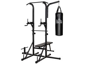 4250871297887 - Kraftstation mit Klimmzugstange schwarz 180 x 183 x 219 cm (BxTxH) Multifunktionale Dipstation Trainingsgerät mit Boxsack