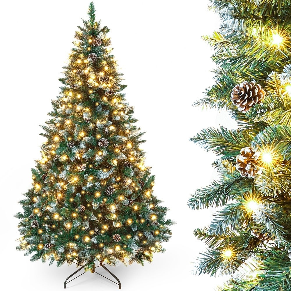 4250873716188 - Künstlicher Weihnachtsbaum verschneit mit LED-Lichtern und Tannenzapfen - 210cm