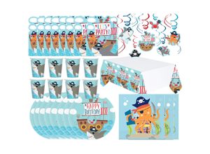 4250897425301 - Ahoi Happy Birthday - Kindergeburtstags-Set (65-teilig) Teller Becher Dekoration Geburtstag Piraten