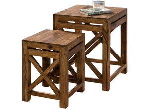 4250950234604 - 2er Set Beistelltisch Massiv-Holz Sheesham Wohnzimmer-Tisch Design dunkel-braun Landhaus-Stil Couchtisch - Finebuy