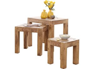 4250950234734 - 3er Set Satztisch Massiv-Holz Akazie Wohnzimmer-Tisch Landhaus-Stil Beistelltisch dunkel-braun Naturholz