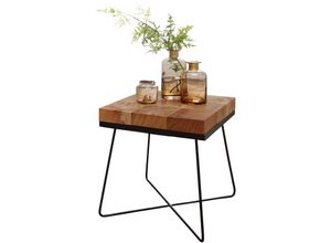 4250950279445 - Beistelltisch 45 x 45 x 51 cm Akazie Massivholz mit Metallgestell Industrial Anstelltisch Quadratisch Massiv Holz Tisch Braun Wohnzimmertisch