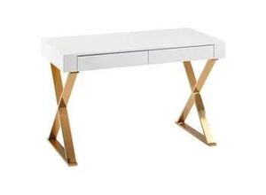 4250950298484 - WOHNLING Schreibtishc 118 cm weiß hochglanz Schreibtisch weiß rechteckig X-Fuß-Gestell gold 1180 x 570 cm