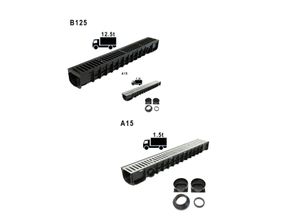 4251001829596 - Entwässerungsrinne Regenrinne Hofrinne A15 Stahl - belastbar bis ca 15t - Komplettset - Länge 1m