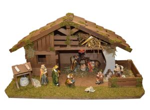 4251020760146 - Krippe ALFRED KOLBE Krippenstall ohne Trafo Weihnachtskrippen braun mit Laterne Brunnen Holz 9 cm Figuren 11tlg