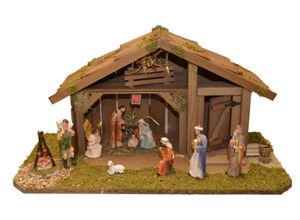 4251020760177 - Krippe ALFRED KOLBE Krippenstall ohne Trafo Weihnachtskrippen braun mit Laterne LagerfeuerKorb 10 cm Figuren 11tlg