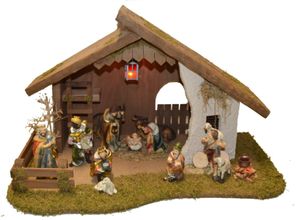 4251020760184 - Krippe ALFRED KOLBE Krippenstall ohne Trafo Weihnachtskrippen braun mit Laterne Busch Lagerfeuer Holz 11 cm Figuren 11tlg