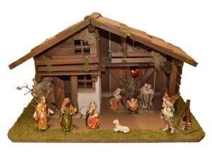 4251020760276 - Krippe ALFRED KOLBE Krippenstall mit Trafo braun B595cm H35cm T30cm Holz Weihnachtskrippen mit Busch Laterne Lagerfeuer 11 cm Figuren 11tlg